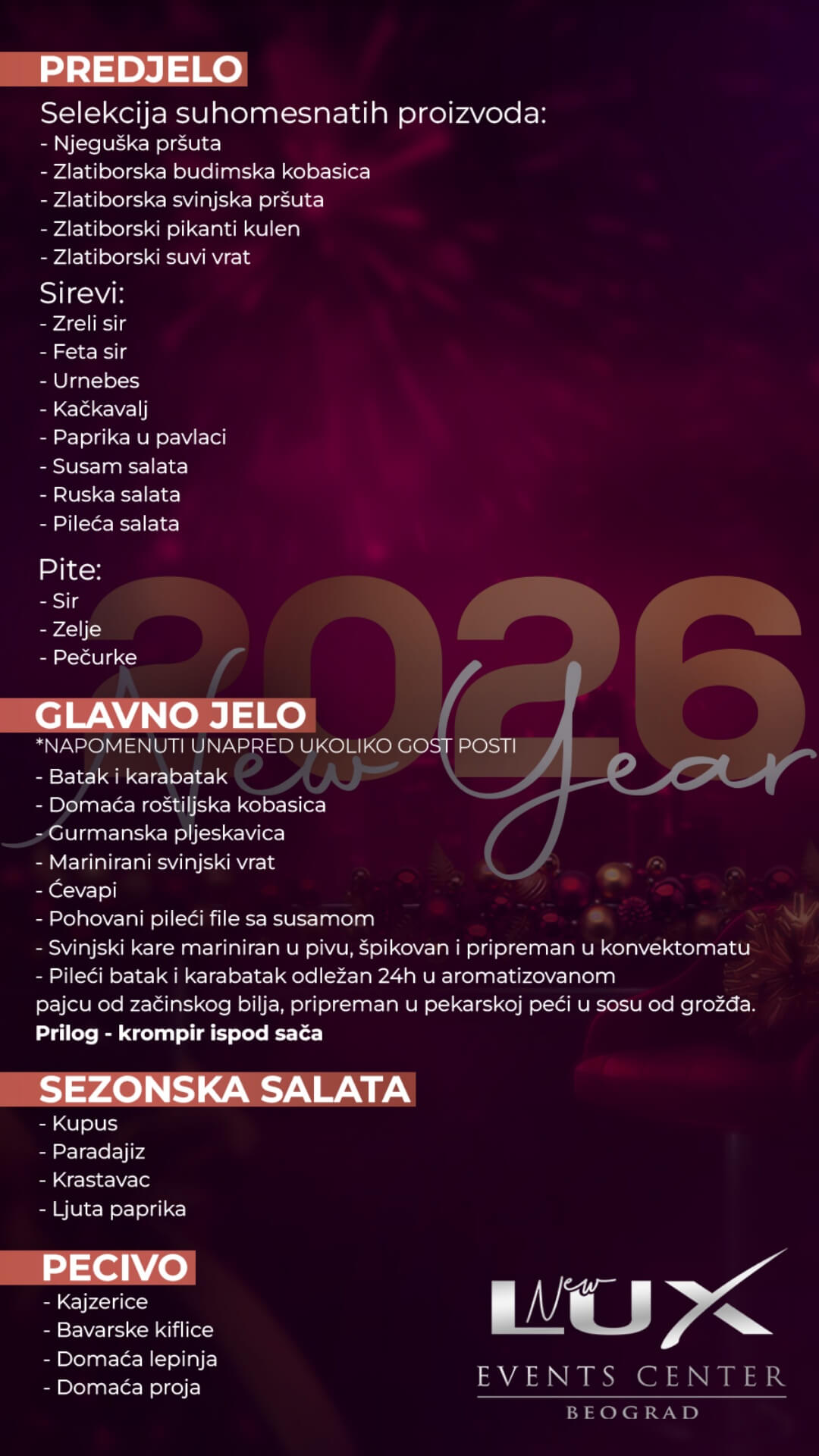 lux events center ponuda hrane 2026